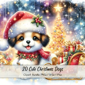 Lindo paquete de imágenes prediseñadas de perros navideños, imágenes prediseñadas de perros navideños, archivos de animales de acuarela de alta calidad, gráficos divertidos de animales festivos, invierno
