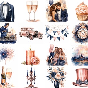 Clipart de Saint-Sylvestre or rose et bleu marine, lot aquarelle, 40 fichiers PNG/JPG/SVG de haute qualité, art numérique, téléchargement immédiat du nouvel an