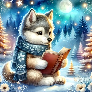 May include: An illustration of a fluffy wolf cub wearing a blue scarf with a snowflake pattern, reading a red book in a snowy winter scene. The background features a full moon, stars, and snow-covered pine trees, creating a cozy, whimsical atmosphere.