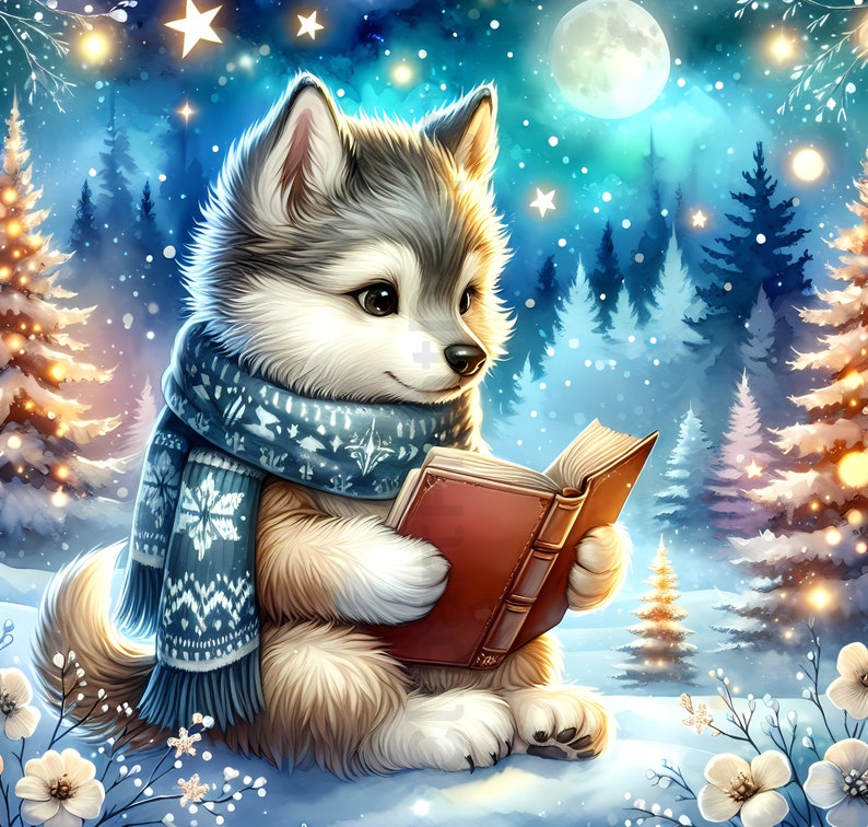 May include: An illustration of a fluffy wolf cub wearing a blue scarf with a snowflake pattern, reading a red book in a snowy winter scene. The background features a full moon, stars, and snow-covered pine trees, creating a cozy, whimsical atmosphere.