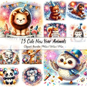 Pacote de clipart de animais fofos de ano novo, véspera de ano, imagens de clipart em aquarela, animal de alta qualidade, download digital divertido, bem-vindo feliz 2025