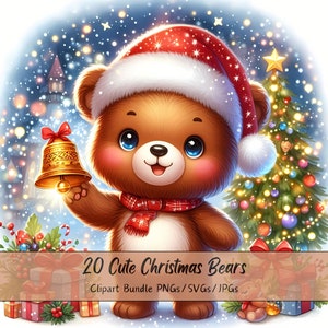 Lindo paquete de imágenes prediseñadas de osos navideños, imágenes prediseñadas de osos navideños, archivo de animales de acuarela de alta calidad, divertidos gráficos de animales festivos de invierno