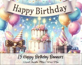 Pode incluir: Um conjunto de 15 faixas de feliz aniversário com um design colorido que inclui um bolo de aniversário, presentes, balões e estrelas. A faixa diz "Feliz aniversário".