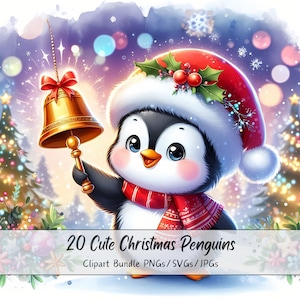 Lindo paquete de imágenes prediseñadas de pingüinos navideños, imágenes prediseñadas de pingüinos navideños, archivos de animales de acuarela de alta calidad, divertidos gráficos de animales festivos