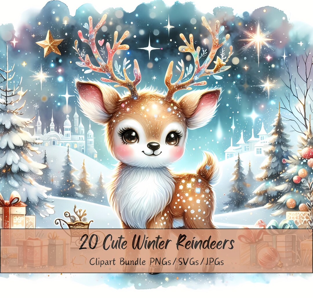 Cute Winter Reindeers Clipart Bundle, Festive Watercolor Clip Art ...