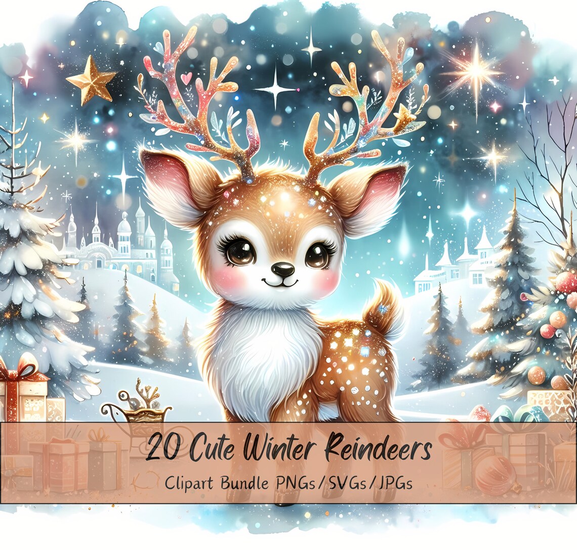 Cute Winter Reindeers Clipart Bundle, Festive Watercolor Clip Art ...