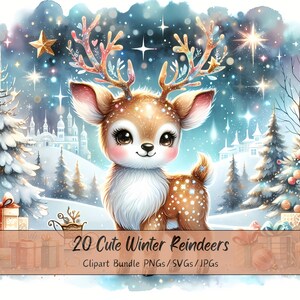 Niedliches Winter-Rentier-Clipart-Paket, festliche Aquarell-Clip-Art-Bilder, 20 hochwertige PNGs / SVGs / JPGs, digitales Papiermodell, Junk-Journal