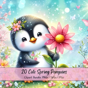Niedliche Frühling Pinguine Clipart Bundle, Aquarell Clip Art Bilder, hochwertige Pinguin Dateien, lustige digitale Tiergrafik, einzigartiger Download