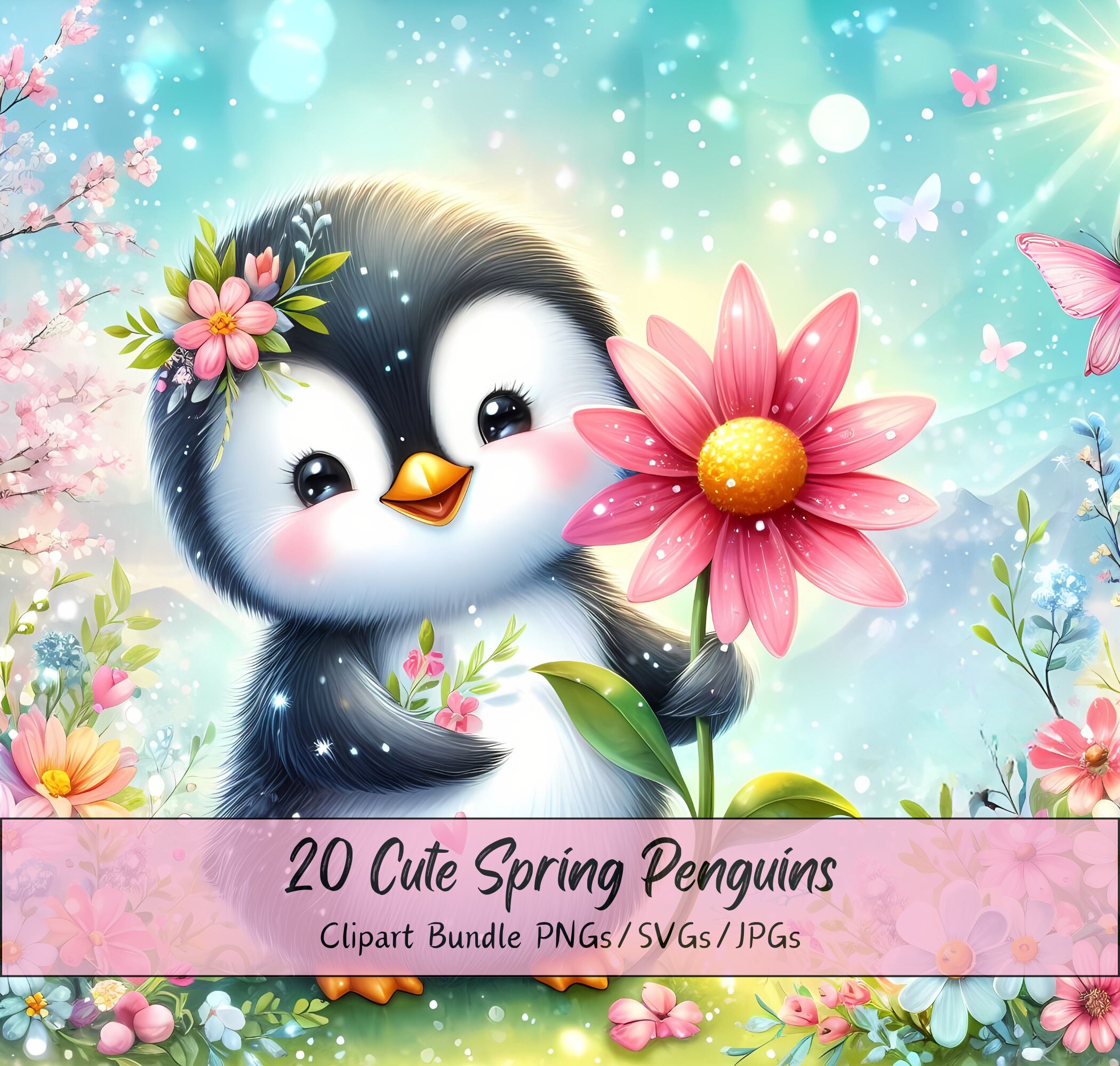 Spring Time Penguins Cute Spring Penguins Clipart Bundle, Watercolor Clip Art Images, High ...