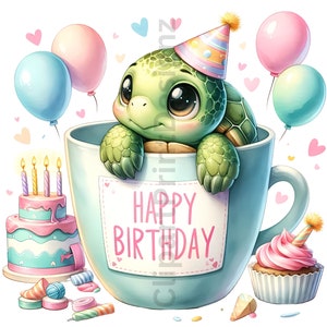 Pode incluir: Uma tartaruga verde usando um chap&eacute;u de festa colorido est&aacute; sentada em uma x&iacute;cara de ch&aacute; azul com um letreiro de "Feliz anivers&aacute;rio". A tartaruga est&aacute; cercada por bal&otilde;es coloridos e um bolo de anivers&aacute;rio.