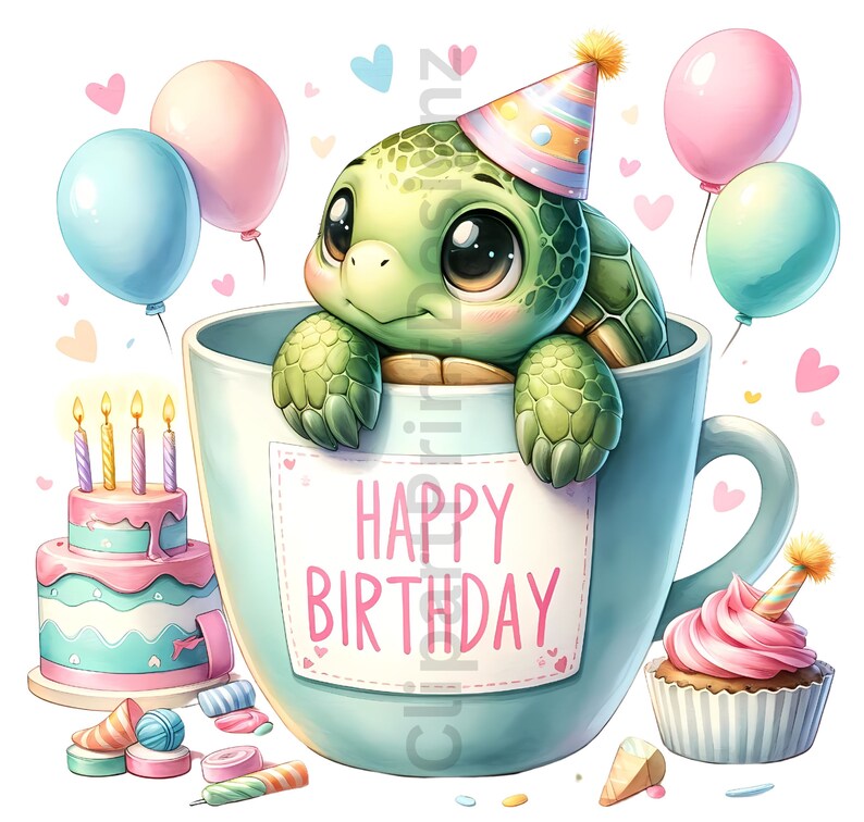 Pode incluir: Uma tartaruga verde usando um chap&eacute;u de festa colorido est&aacute; sentada em uma x&iacute;cara de ch&aacute; azul com um letreiro de "Feliz anivers&aacute;rio". A tartaruga est&aacute; cercada por bal&otilde;es coloridos e um bolo de anivers&aacute;rio.
