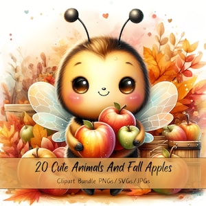 Animales lindos y manzanas de otoño, paquete de imágenes prediseñadas, imágenes de imágenes prediseñadas de animales de acuarela, manzana de alta calidad, archivos de descarga digital de otoño, gráficos
