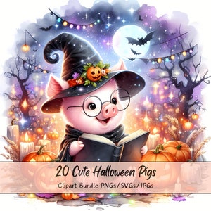 Lindo paquete de imágenes prediseñadas de cerdos de Halloween, imágenes prediseñadas de cerdos de acuarela, animales aterradores de alta calidad, descarga digital divertida de animales, otoño
