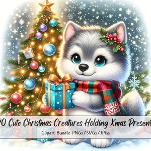 Lindas criaturas navideñas sosteniendo un regalo, paquete de imágenes prediseñadas, imágenes prediseñadas de Navidad, archivos de animales de acuarela, figura gráfica de invierno