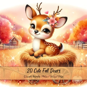 Bundle de cliparts mignon cerfs d'automne, aquarelle cerf d'automne Clip Art Images, fichiers animaux de haute qualité, amusant graphiques numériques animaux de renne