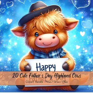 Lindo paquete de imágenes prediseñadas de vacas de las tierras altas del día del padre, imágenes de imágenes prediseñadas de acuarela, archivos de alta calidad, descarga de vacas de padres digitales, animal feliz