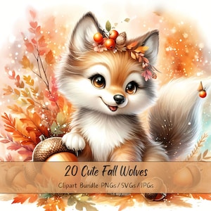 Bundle de clipart loups automne mignon, aquarelle loup automne Clip Art Images, fichiers animaux de haute qualité, graphiques numériques animaux amusants, automne