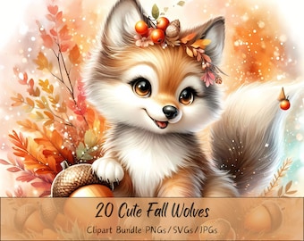May include: A cute cartoon wolf with a fall-themed flower crown and a brown acorn in its paw. The wolf is surrounded by autumn leaves and a snowy background. 20 Cute Fall Wolves Clipart Bundle PNGs/SVGs/JPGs