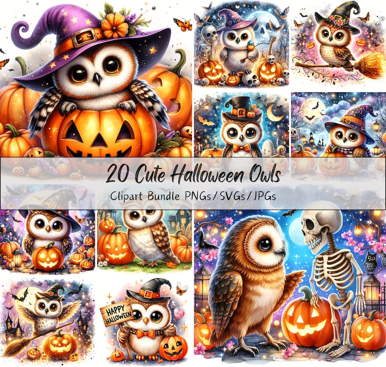 Cute Halloween Owls Clipart Bundle, Watercolor Owl Clip Art Images ...