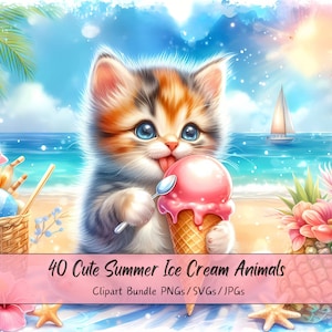 Lindo paquete de imágenes prediseñadas de animales de helado de verano, imágenes prediseñadas de playa de acuarela, archivos únicos de alta calidad, descarga de gráficos de animales digitales