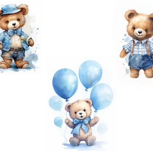 May include: Three watercolor illustrations of teddy bears. One bear is wearing a blue suit and bow tie. Another bear is wearing a blue and white checkered shirt and suspenders. The third bear is holding blue balloons.