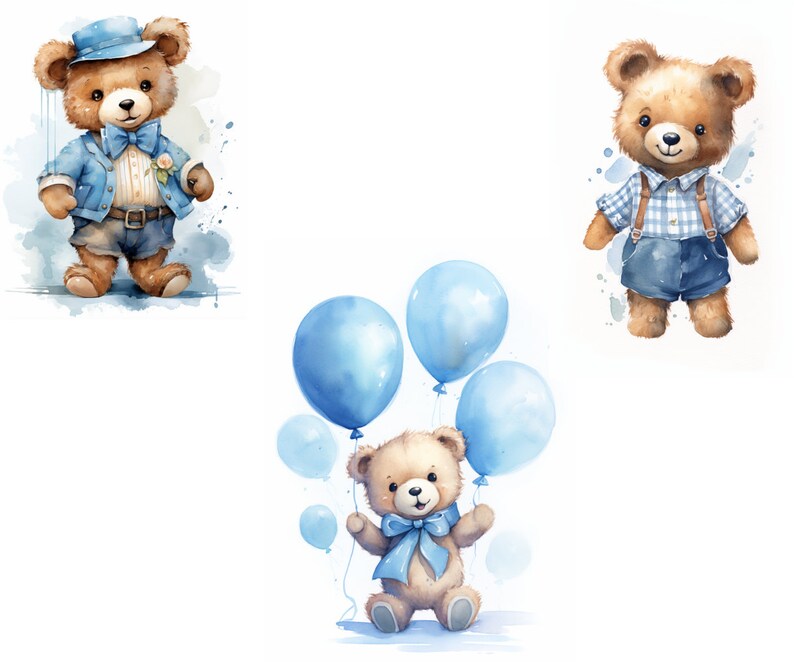 May include: Three watercolor illustrations of teddy bears. One bear is wearing a blue suit and bow tie. Another bear is wearing a blue and white checkered shirt and suspenders. The third bear is holding blue balloons.