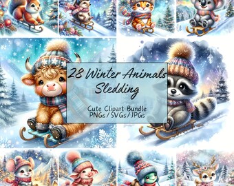 May include: A set of 28 winter animal illustrations featuring various animals wearing winter hats and scarves, sledding down a snowy hill. The animals include a squirrel, hedgehog, tiger, koala, cow, raccoon, mouse, pig, turtle, and deer. The illustrations are in a cartoon style and are perfect for use in winter-themed projects.
