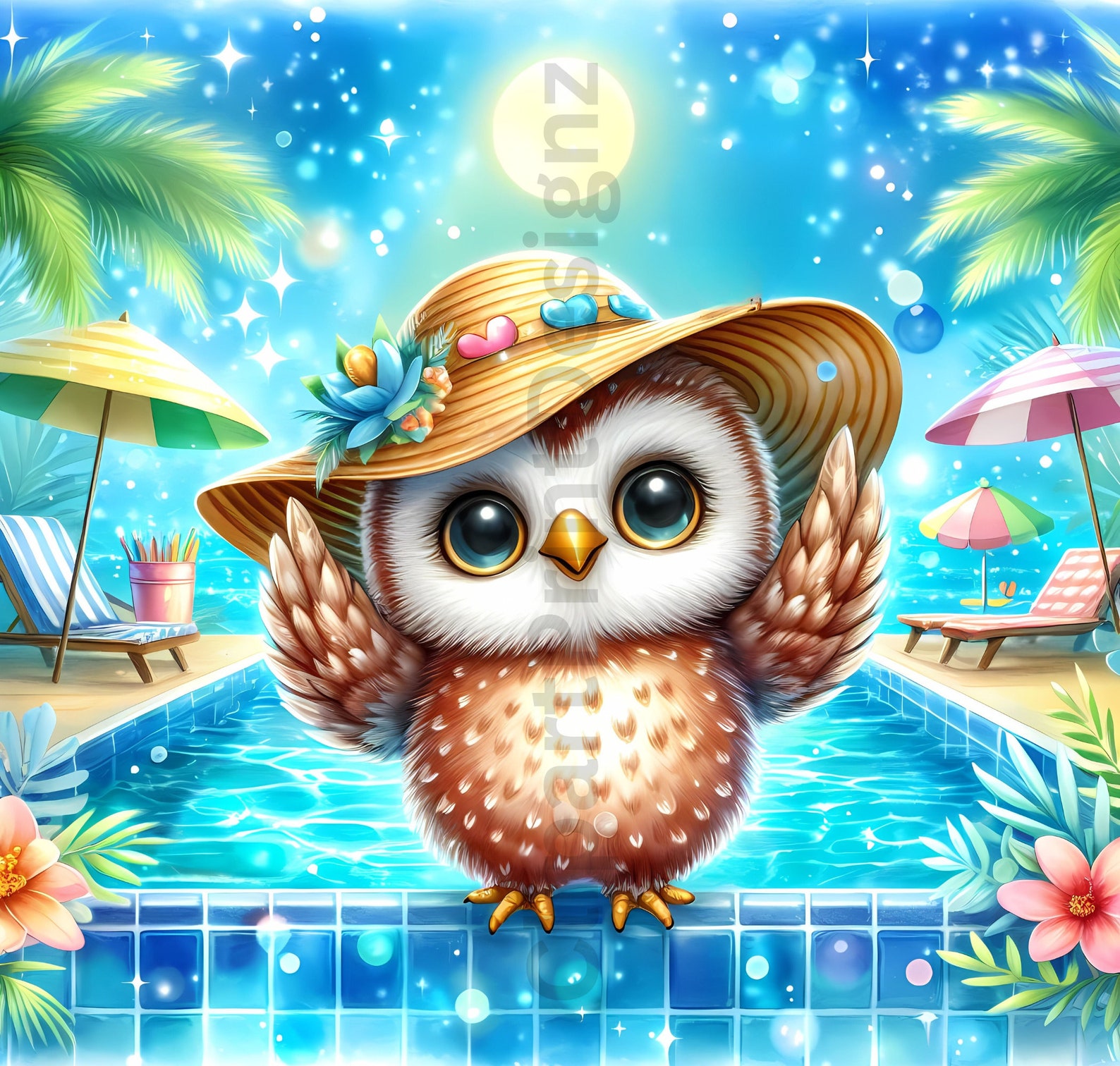 Cute Summer Owls Clipart Bundle, Watercolor Owl Clip Art Images, High ...