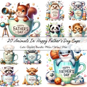 May include: Twenty colorful illustrations of animals in blue mugs with the text "Happy Father's Day".  Each mug has a different animal and theme, such as a squirrel with a telescope, a panda with flowers, a hedgehog with tools, a shark with a basketball, and a raccoon with a guitar.