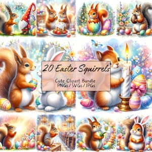 Mignon Pâques écureuils Clipart, Images animaux aquarelles drôles, lot de haute qualité, téléchargement numérique, 20 fichiers d'art numérique
