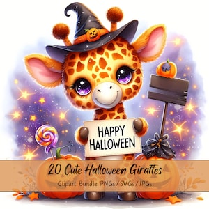 かわいいハロウィーンのキリンのクリップアートバンドル、水彩キリンのクリップアート画像、高品質の怖い動物、楽しいデジタル動物のダウンロード、秋
