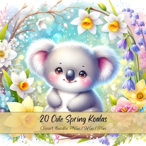 Bundle de cliparts printemps mignon Koala, aquarelle Clip Art Images, fichiers Clip Art de haute qualité, graphiques numériques animaux drôles, téléchargement unique