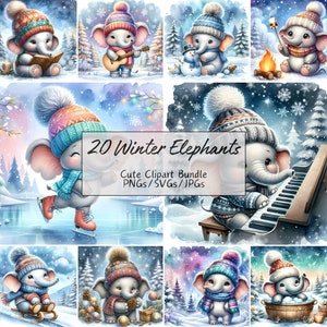 Leuke Winter Olifant Clipart Bundel, Feestelijke Aquarel Clip Art Afbeeldingen, 20 Hoge Kwaliteit PNGs/SVGs/JPGs, Digitale Papier Ambachten, Junk Journal