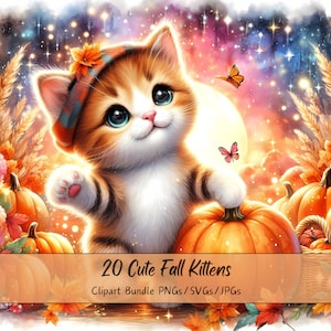 Cute Fall Kittens Clipart Bundel, Herfstkat, Katten, Kittens, Aquarel Clip Art Afbeeldingen, Hoge kwaliteit Dierenbestanden, Digitale Dierenafbeeldingen