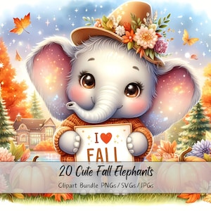 Lindo paquete de imágenes prediseñadas de elefantes de otoño, Imágenes prediseñadas de elefante de acuarela, Archivos de animales de alta calidad, Gráficos digitales divertidos de animales, Otoño
