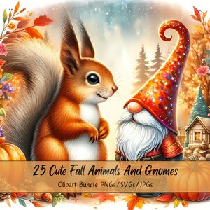 Lindos animales y gnomos de otoño, paquete de imágenes prediseñadas, imágenes de imágenes prediseñadas de animales de acuarela, gnomos de alta calidad, archivos de descarga digital de otoño, gráficos