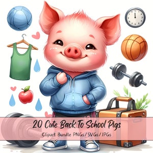 Lindo paquete de imágenes prediseñadas de cerdos de regreso a la escuela, imágenes prediseñadas de cerdos de acuarela, archivo de animales de alta calidad, gráfico de animales de profesor digital, único