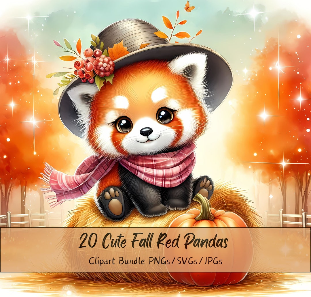 Cute Fall Red Pandas Clipart Bundle, Watercolor Panda Clip Art Images ...