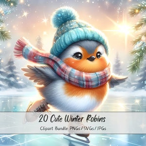 Pacote de clipart fofo de Robins de inverno, imagens festivas de clipart em aquarela, 20 PNGs/SVGs/JPGs de alta qualidade, artesanato em papel digital, Junk Journal
