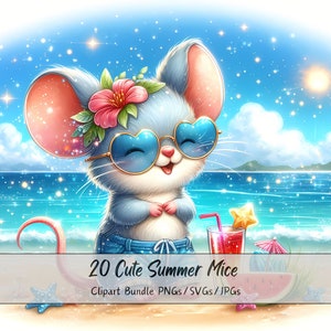 Pacchetto di clipart di topi estivi carini, immagini clipart di topi acquerello, file di animali di alta qualità, divertente grafica digitale di animali, download unico