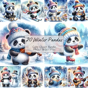 Pacote de clipart de panda de inverno fofo, imagens de clipart festivas em aquarela, 20 PNGs/SVGs/JPGs de alta qualidade, artesanato em papel digital, Junk Journal