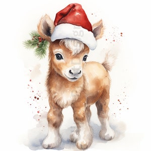 May include: A watercolor painting of a brown and white baby horse wearing a red Santa hat with white trim. The horse has a green holly sprig behind its ear. The background is white with red watercolor splatters.