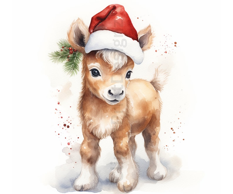 May include: A watercolor painting of a brown and white baby horse wearing a red Santa hat with white trim. The horse has a green holly sprig behind its ear. The background is white with red watercolor splatters.