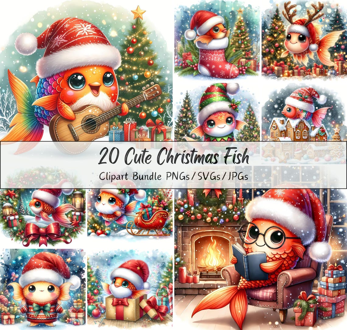 Spring Festive Fish Cute Christmas Fish Clipart Bundle, Xmas Fishes Clip Art Images ...