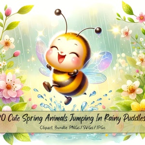 Lindos animales de primavera en charcos de lluvia Paquete de imágenes prediseñadas, imágenes de imágenes prediseñadas de acuarela, alta calidad, divertidos gráficos de animales digitales, descarga única
