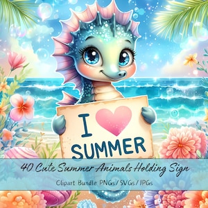 Lindos animales de verano sosteniendo carteles paquete de imágenes prediseñadas, imágenes de imágenes prediseñadas de sol de acuarela, archivos únicos de alta calidad, descarga gráfica de animales digitales