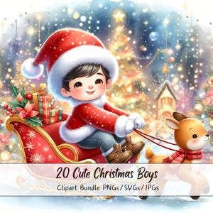 Pacchetto di clipart di simpatici ragazzi di Natale, immagini di clipart di ragazzi di Natale, file di personaggi di alta qualità ad acquerello, divertenti grafiche di figure invernali festive