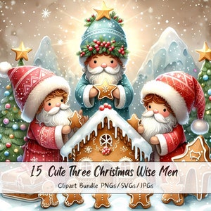 Tre graziosi Re Magi di Natale Clipart Bundle, Immagini Clip Art di Natale, File di caratteri ad acquerello di alta qualità, Grafica di figure invernali cristiane