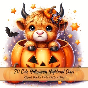 Pacote de clipart de vacas de Halloween fofo, imagens de clipart de vaca em aquarela, animais de alta qualidade assustadores, download de animais digitais divertidos, outono