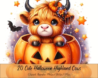 Cute Halloween Highland Cows Clipart Bundle, Watercolor Cow Clip Art Images, High Quality Animals Scary, Fun Digital Animal Download, Fall
